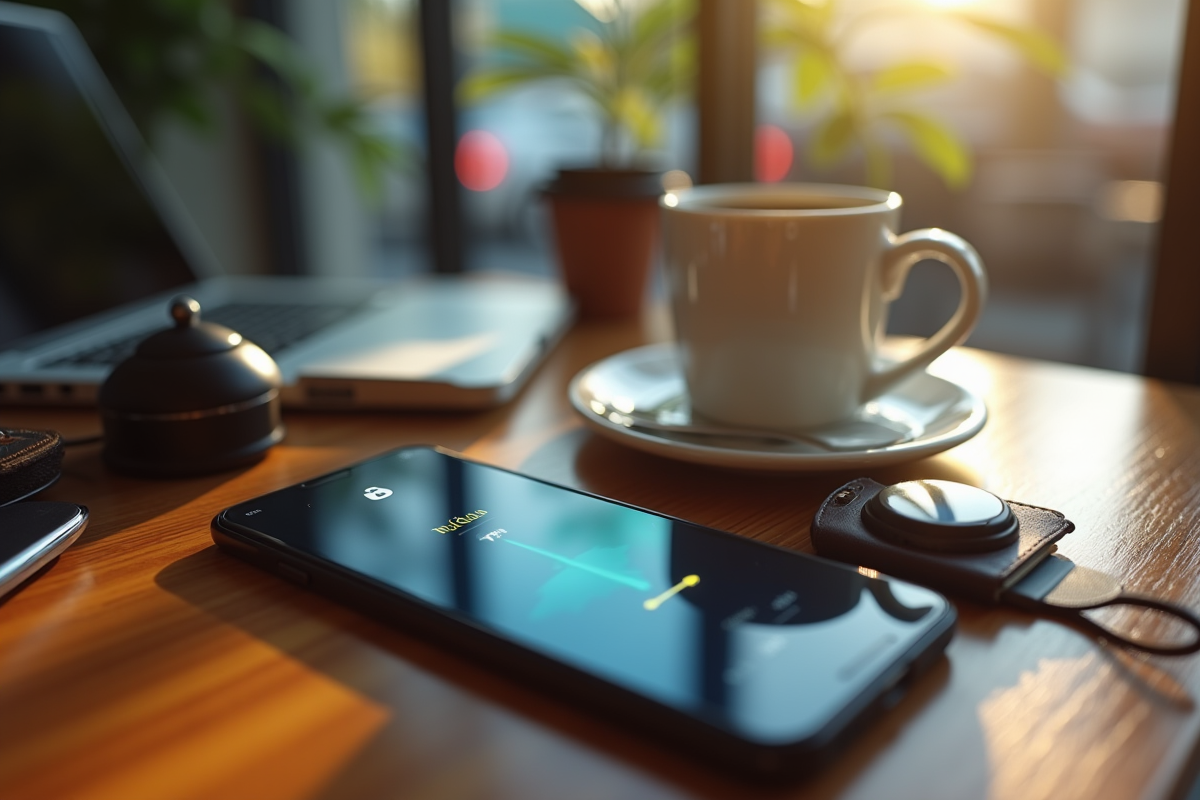 Smartphone avec VPN désactivé sur une table de café avec café et voyage