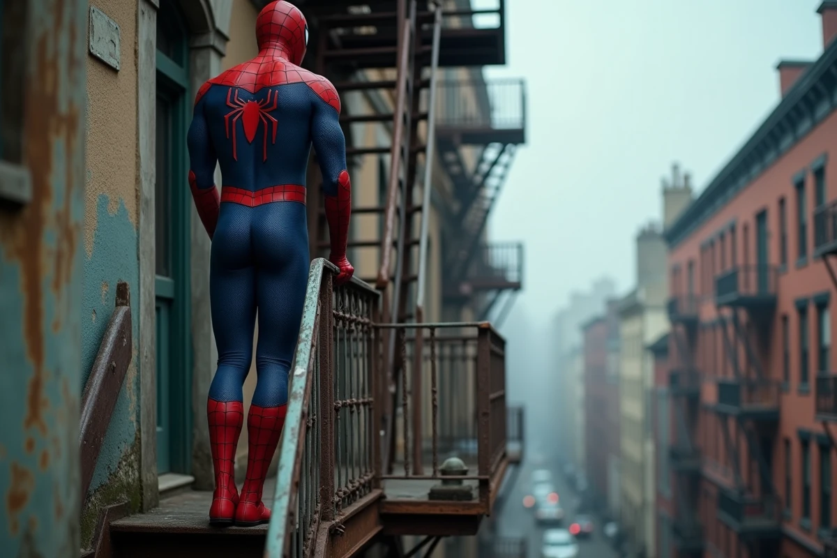 Spider-Man en cosplay seul sur un escalier de secours, évoquant son rôle solitaire et ambigu au sein des Avengers
