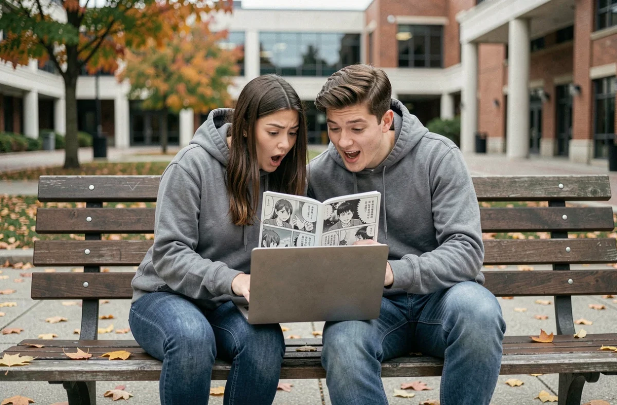 Deux étudiants découvrant les premiers spoilers de One Piece 1149 ensemble sur un campus universitaire en automne