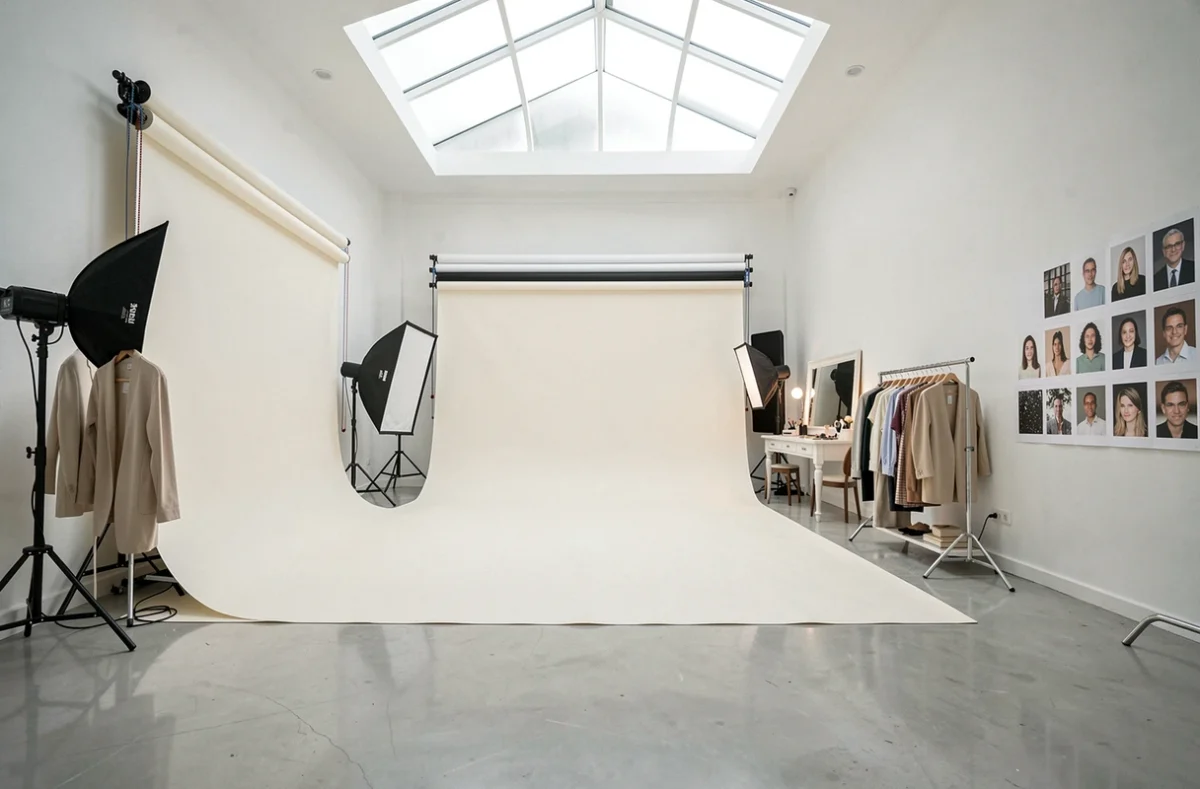 Intérieur du Studio Bain de Lumière à Lyon avec fonds blancs, cyclorama et équipements professionnels