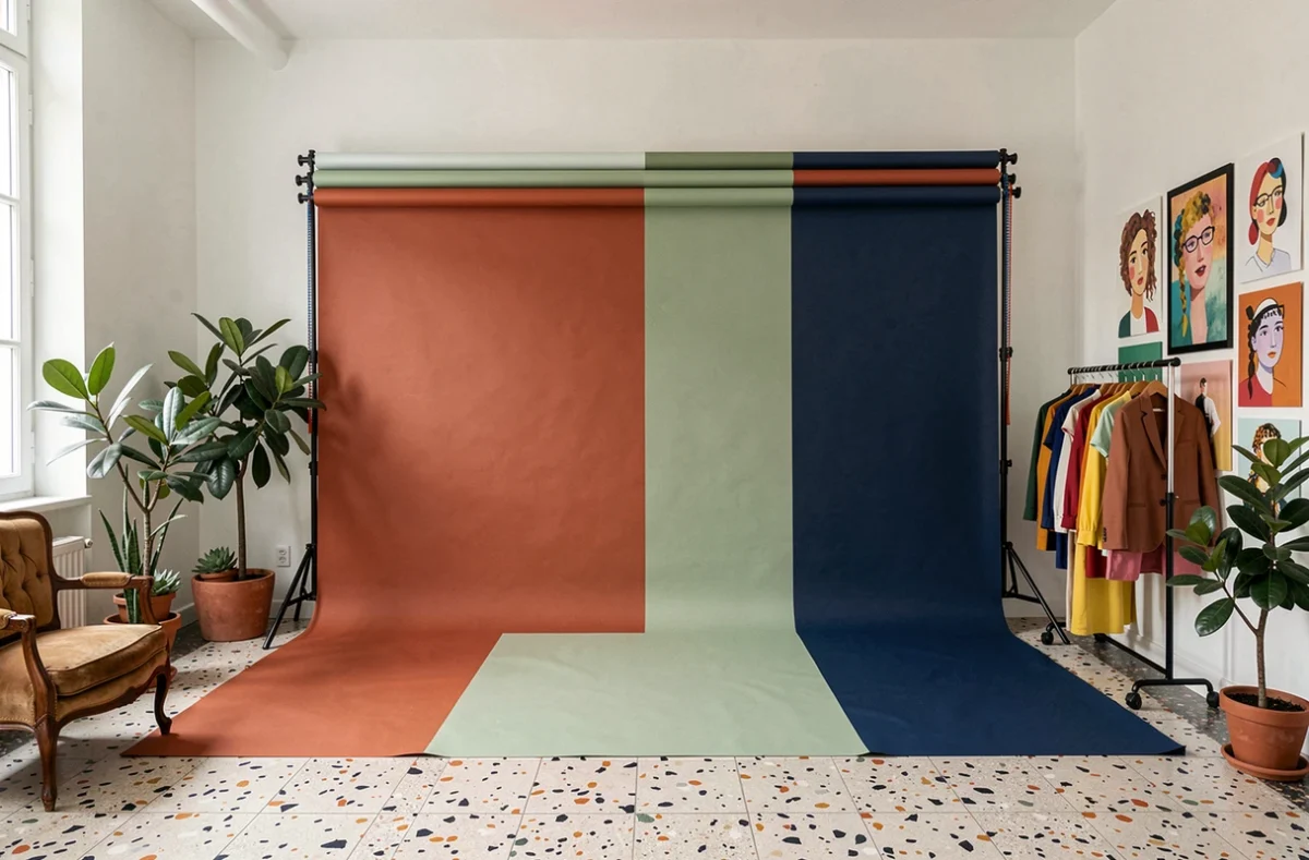 Studio Fousha à Lyon avec fonds colorés en terre cuite et vert sauge dans un espace créatif tendance
