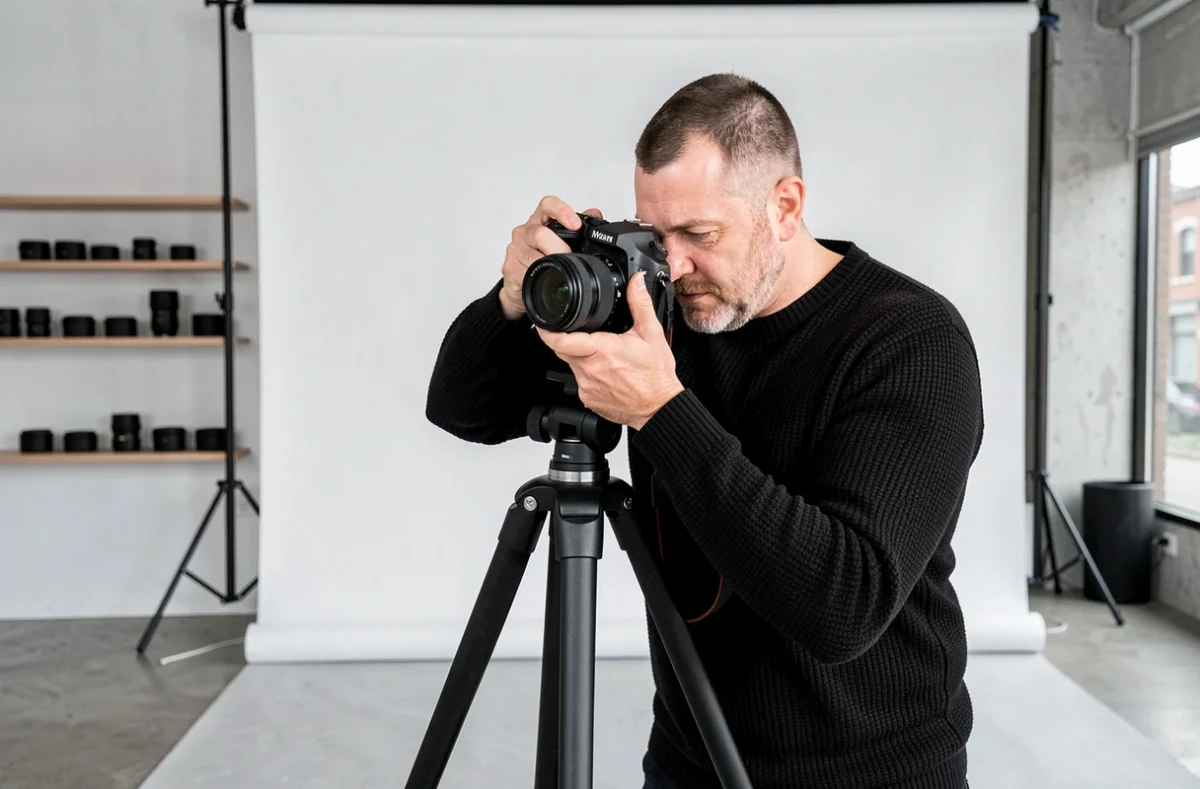 Photographe du Studio Photo by Ned réglant son appareil devant un fond blanc dans un studio moderne