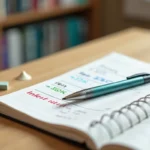 Stylo 4 couleurs effaçable posé sur un carnet de notes ouvert avec des inscriptions multicolores sur un bureau en bois