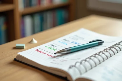 Stylo 4 couleurs effaçable posé sur un carnet de notes ouvert avec des inscriptions multicolores sur un bureau en bois
