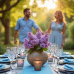 Table de jardin élégante pour anniversaire avec fleurs et bougies