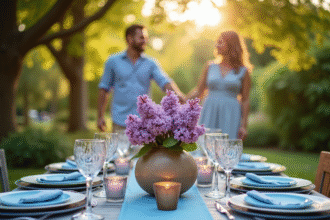 Table de jardin élégante pour anniversaire avec fleurs et bougies
