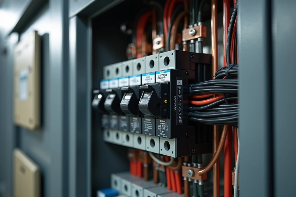 Tableau de distribution triphasé ouvert avec disjoncteurs étiquetés et câblage organisé pour installation de borne de recharge
