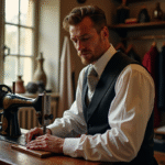 Tailleur du 19e siècle dans son atelier avec tissus et outils