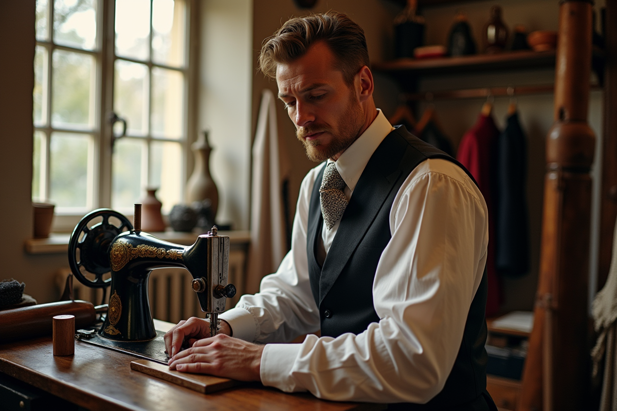Tailleur du 19e siècle dans son atelier avec tissus et outils