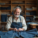 Couturier européen cousant un jean en denim brut à la main