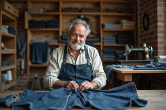 Couturier européen cousant un jean en denim brut à la main