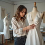Femme technicienne en mode ajustant un tissu dans un studio créatif