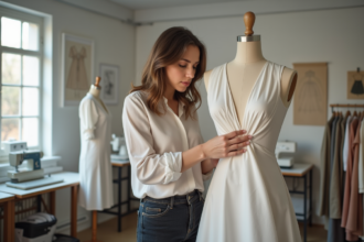 Femme technicienne en mode ajustant un tissu dans un studio créatif