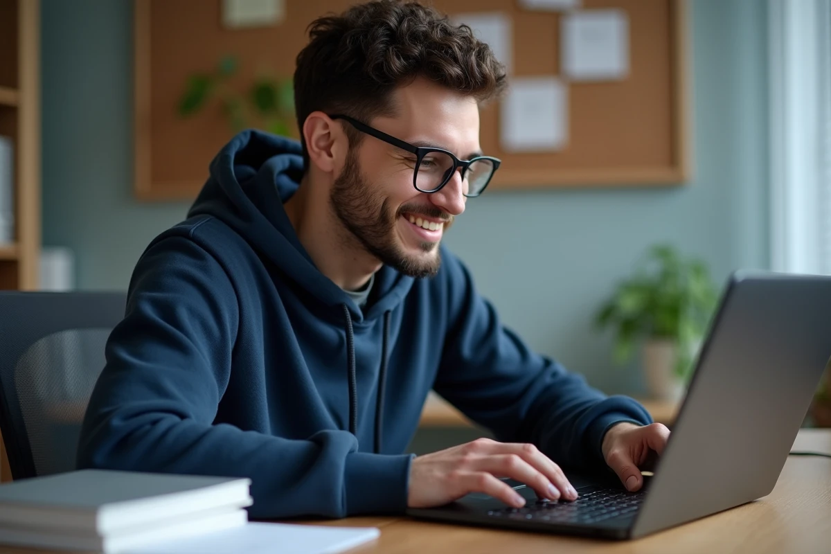 Homme téléchargeant un ebook romance sur son ordinateur portable dans un bureau à domicile bien organisé
