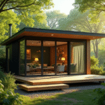 Maison tiny moderne avec grandes fenêtres et terrasse en bois