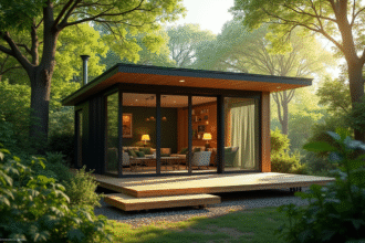 Maison tiny moderne avec grandes fenêtres et terrasse en bois