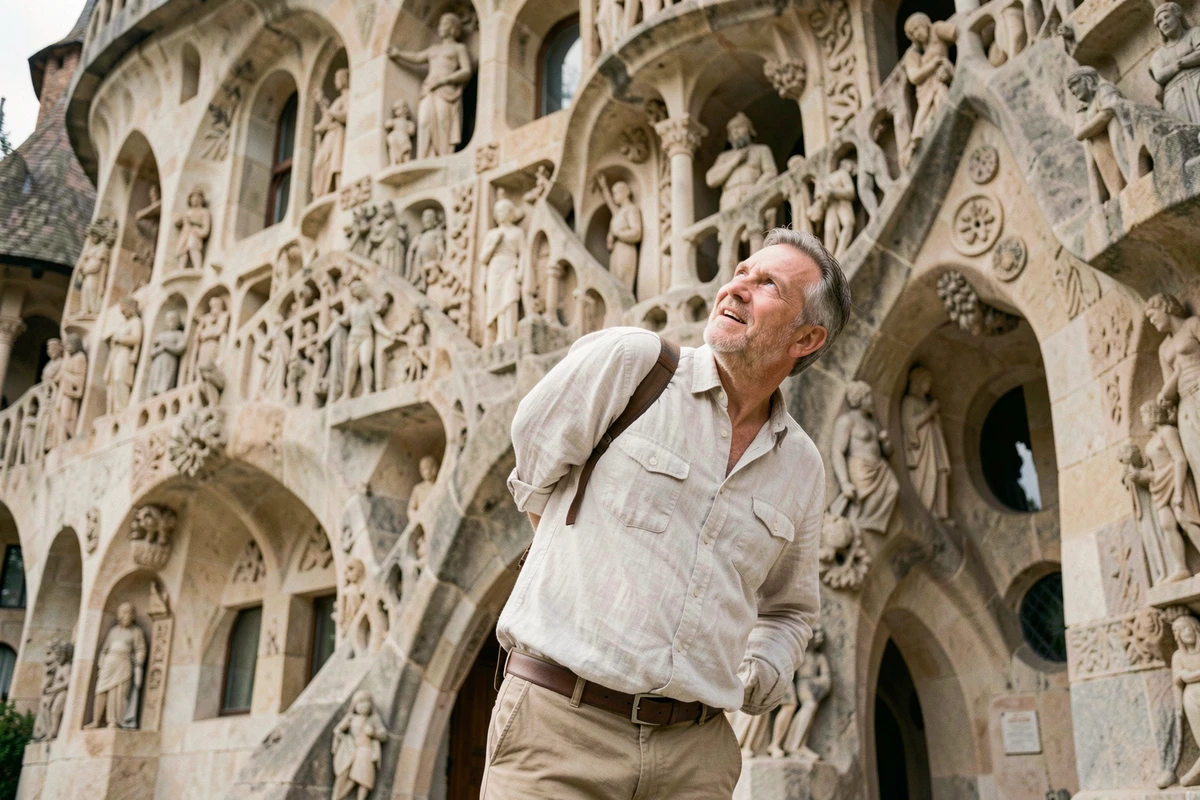 Touriste admirant les tours sculptées du Palais Idéal du Facteur Cheval à Hauterives, expression d'émerveillement devant l'architecture fantastique
