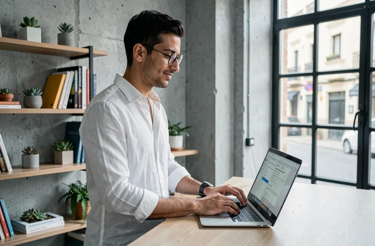 Jeune traducteur marocain travaillant sur une traduction français-arabe marocain dans un espace de co-working moderne à Rabat