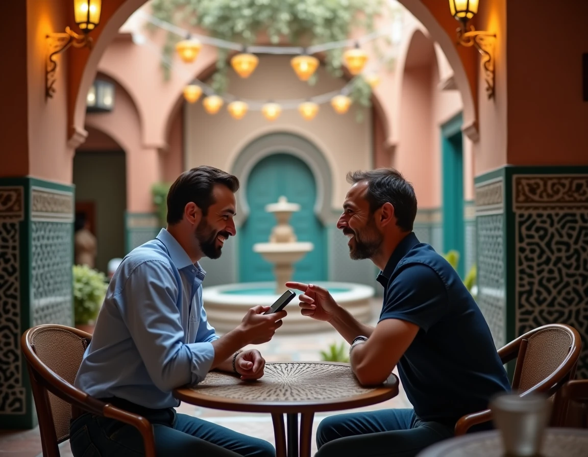 Deux hommes discutant d'une traduction français-marocain autour d'un smartphone dans un café de la médina de Marrakech