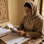 Femme marocaine traduisant du français en darija à son bureau avec dictionnaire bilingue et notes manuscrites