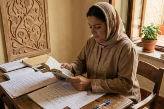 Femme marocaine traduisant du français en darija à son bureau avec dictionnaire bilingue et notes manuscrites