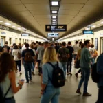 Voyageurs consultant leur smartphone dans une station de métro parisienne bondée lors d'un grand événement, avec des panneaux d'information RATP en temps réel
