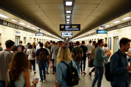 Voyageurs consultant leur smartphone dans une station de métro parisienne bondée lors d'un grand événement, avec des panneaux d'information RATP en temps réel