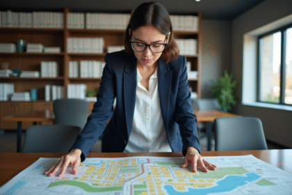 Urbaniste femme examine une carte de zonage urbaine