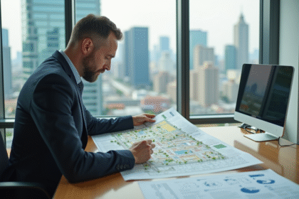 Urbaniste examinant une carte de zonage en bureau
