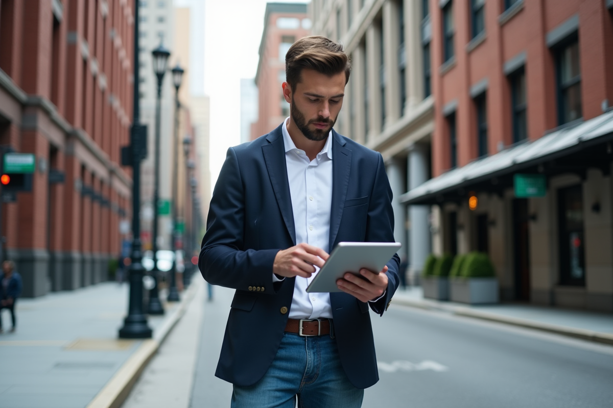 Jeune urbaniste regardant un plan de zoning en extérieur