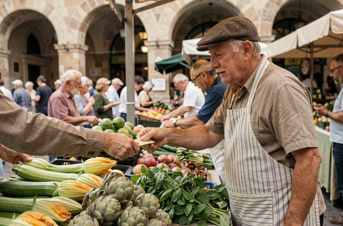Vendeur de légumes au marché d'Aix-en-Provence rendant la monnaie à un client devant un étal de courgettes, artichauts et basilic frais