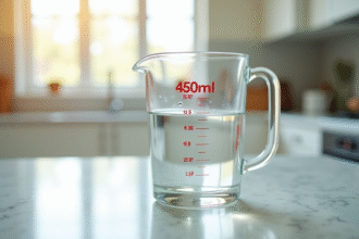 Verre mesure d'eau de 450 ml sur plan de cuisine lumineux