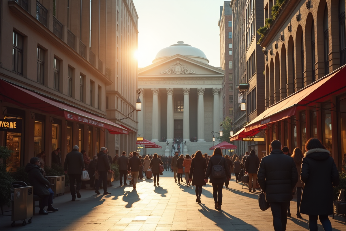 Rue animée avec banque centrale en arrière-plan