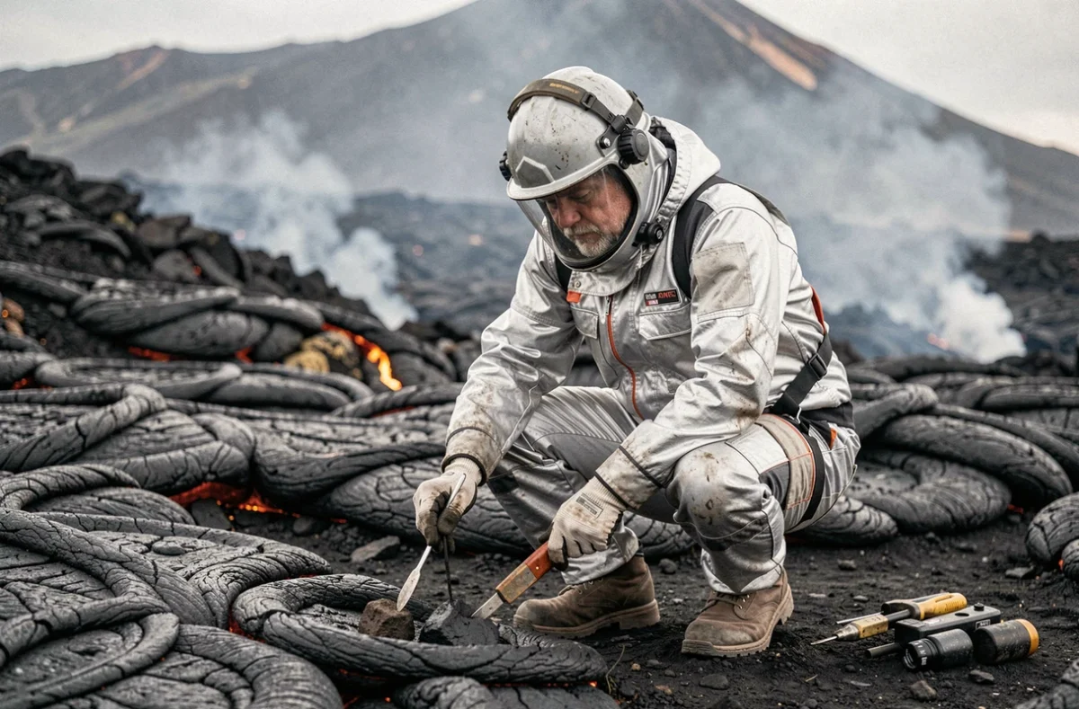 Volcanologue en combinaison de protection prélevant des échantillons sur les flancs de l'Etna