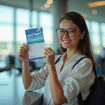 Voyageur souriant à l'aéroport avec bon de vacances Air France