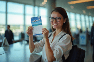 Voyageur souriant à l'aéroport avec bon de vacances Air France